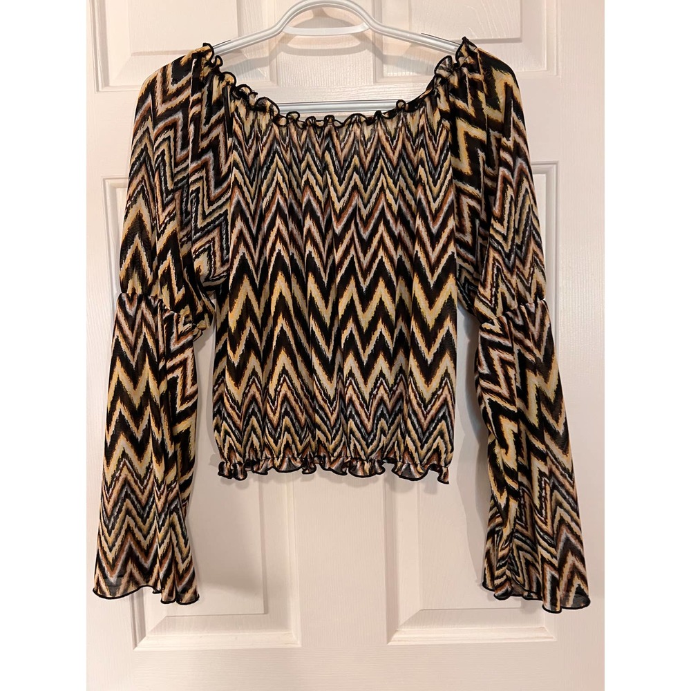 Rue 21 Midriff Blouse Elastic Waist & Sleeves‎ Size L Brown Yellow White Chevron
